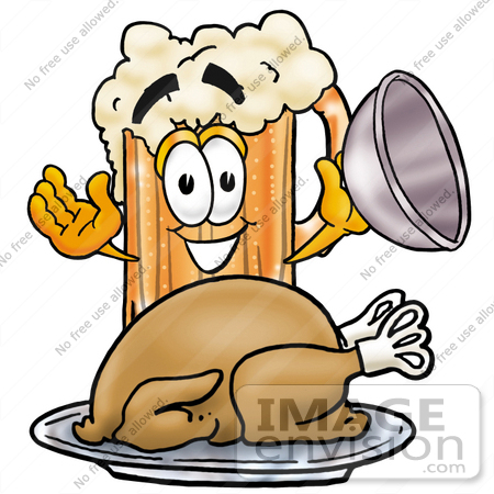 #23003 Clip art Graphic of a Frothy Mug of Beer or Soda Cartoon Character Serving a Thanksgiving Turkey on a Platter by toons4biz