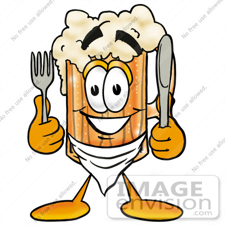 #23004 Clip art Graphic of a Frothy Mug of Beer or Soda Cartoon Character Holding a Knife and Fork by toons4biz