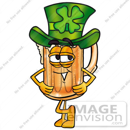 #23005 Clip art Graphic of a Frothy Mug of Beer or Soda Cartoon Character Wearing a Saint Patricks Day Hat With a Clover on it by toons4biz