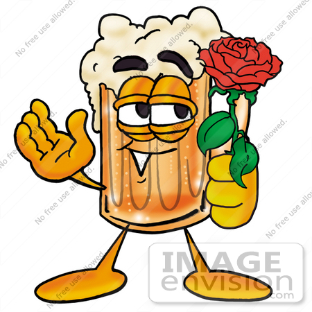 #23007 Clip art Graphic of a Frothy Mug of Beer or Soda Cartoon Character Holding a Red Rose on Valentines Day by toons4biz