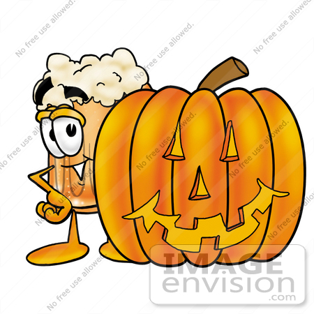 #23013 Clip art Graphic of a Frothy Mug of Beer or Soda Cartoon Character With a Carved Halloween Pumpkin by toons4biz