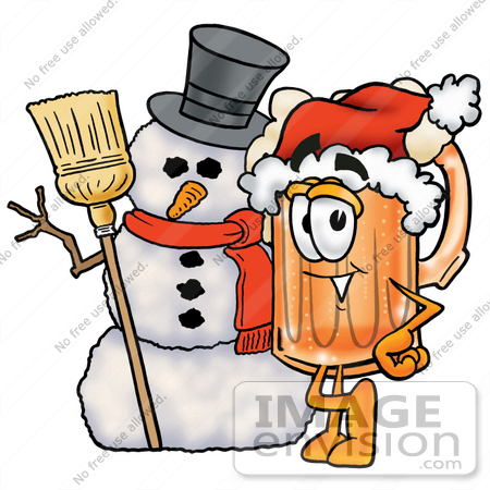 #23022 Clip art Graphic of a Frothy Mug of Beer or Soda Cartoon Character With a Snowman on Christmas by toons4biz