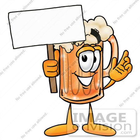 #23030 Clip art Graphic of a Frothy Mug of Beer or Soda Cartoon Character Holding a Blank Sign by toons4biz