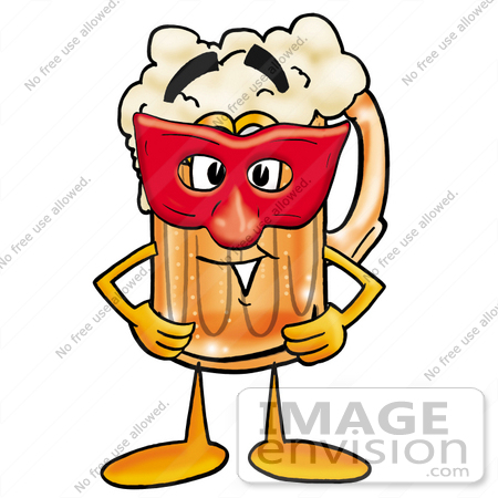 #23033 Clip art Graphic of a Frothy Mug of Beer or Soda Cartoon Character Wearing a Red Mask Over His Face by toons4biz