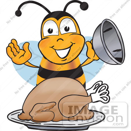 #23045 Clip art Graphic of a Honey Bee Cartoon Character Serving a Thanksgiving Turkey on a Platter by toons4biz