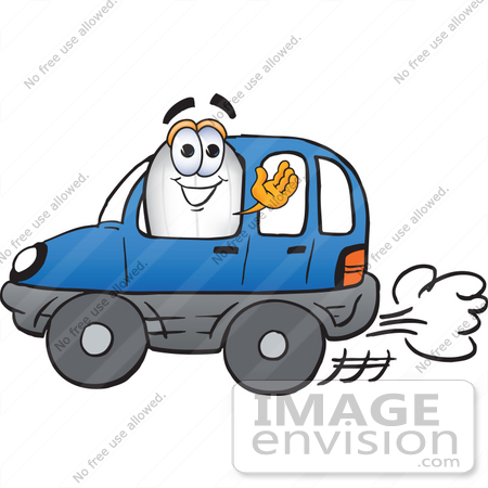 #23077 Clip art Graphic of a Dirigible Blimp Airship Cartoon Character Driving a Blue Car and Waving by toons4biz