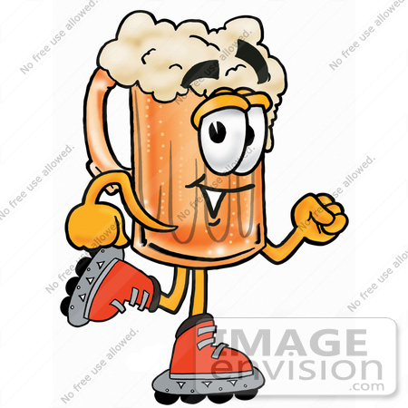 #23091 Clip art Graphic of a Frothy Mug of Beer or Soda Cartoon Character Roller Blading on Inline Skates by toons4biz