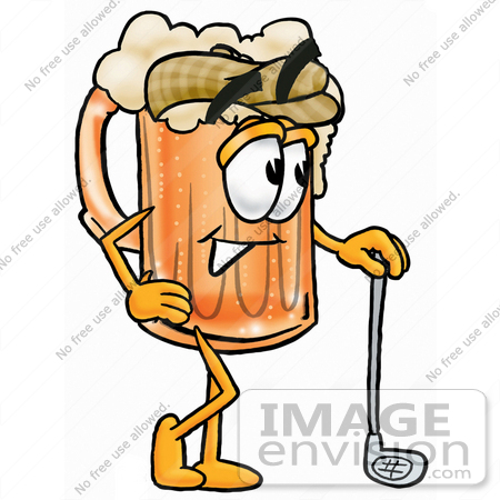 #23094 Clip art Graphic of a Frothy Mug of Beer or Soda Cartoon Character Leaning on a Golf Club While Golfing by toons4biz