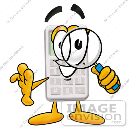 #23108 Clip Art Graphic of a Calculator Cartoon Character Looking Through a Magnifying Glass by toons4biz