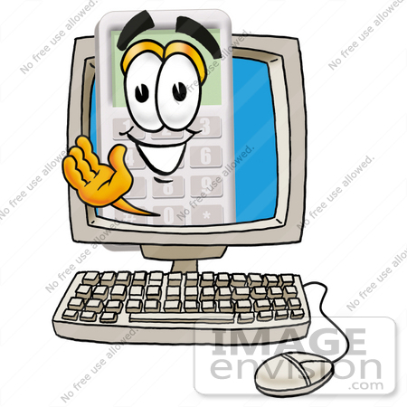 #23109 Clip Art Graphic of a Calculator Cartoon Character Waving From Inside a Computer Screen by toons4biz