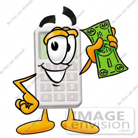 #23126 Clip Art Graphic of a Calculator Cartoon Character Holding a Dollar Bill by toons4biz
