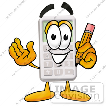 #23129 Clip Art Graphic of a Calculator Cartoon Character Holding a Pencil by toons4biz