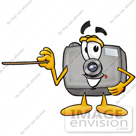 #23138 Clip Art Graphic of a Flash Camera Cartoon Character Holding a Pointer Stick by toons4biz
