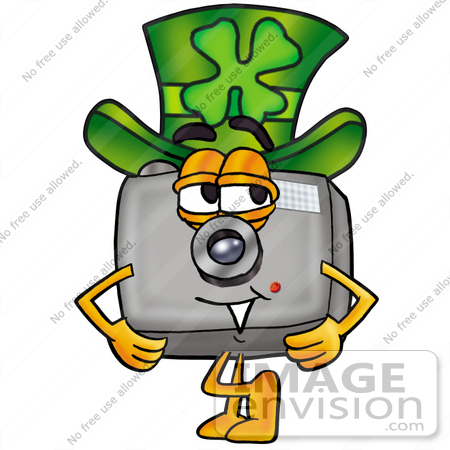 #23139 Clip Art Graphic of a Flash Camera Cartoon Character Wearing a Saint Patricks Day Hat With a Clover on it by toons4biz