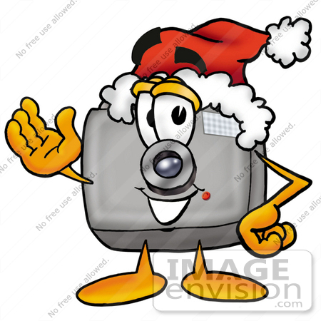 #23140 Clip Art Graphic of a Flash Camera Cartoon Character Wearing a Santa Hat and Waving by toons4biz