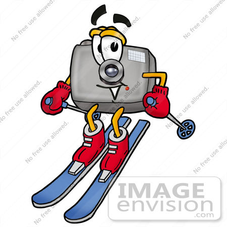#23141 Clip Art Graphic of a Flash Camera Cartoon Character Skiing Downhill by toons4biz