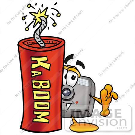 #23155 Clip Art Graphic of a Flash Camera Cartoon Character Standing With a Lit Stick of Dynamite by toons4biz