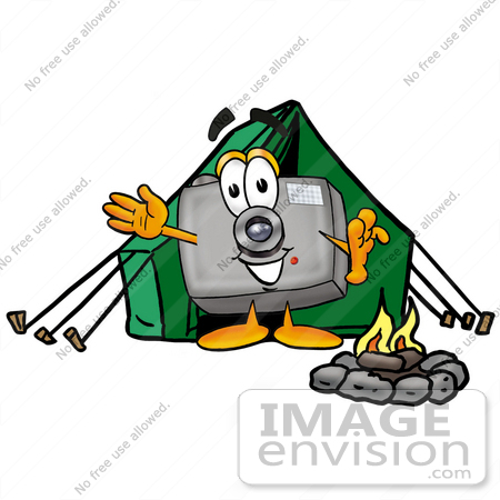 #23156 Clip Art Graphic of a Flash Camera Cartoon Character Camping With a Tent and Fire by toons4biz