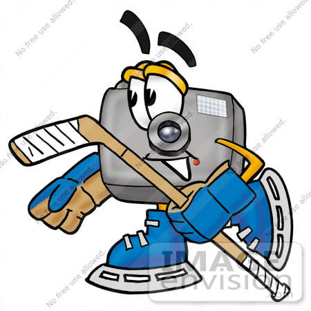 #23165 Clip Art Graphic of a Flash Camera Cartoon Character Playing Ice Hockey by toons4biz