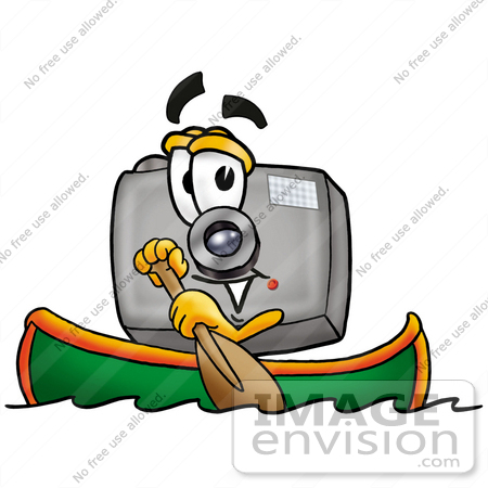 #23166 Clip Art Graphic of a Flash Camera Cartoon Character Rowing a Boat by toons4biz