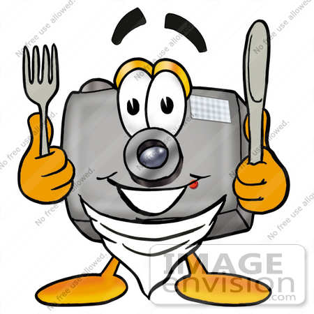 #23168 Clip Art Graphic of a Flash Camera Cartoon Character Holding a Knife and Fork by toons4biz