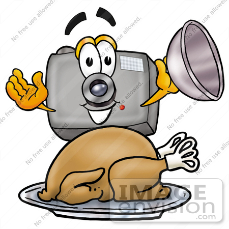#23170 Clip Art Graphic of a Flash Camera Cartoon Character Serving a Thanksgiving Turkey on a Platter by toons4biz