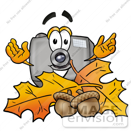 #23171 Clip Art Graphic of a Flash Camera Cartoon Character With Autumn Leaves and Acorns in the Fall by toons4biz