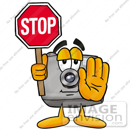 #23172 Clip Art Graphic of a Flash Camera Cartoon Character Holding a Stop Sign by toons4biz
