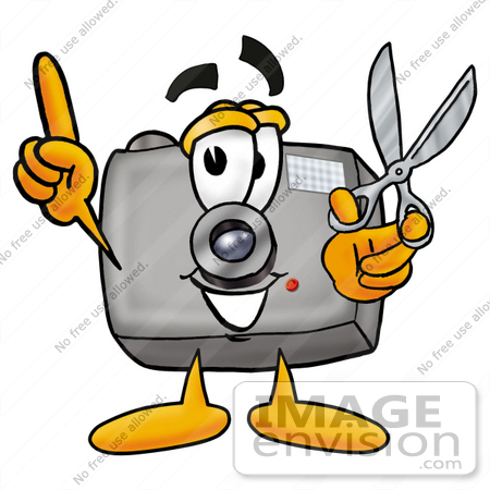 #23177 Clip Art Graphic of a Flash Camera Cartoon Character Holding a Pair of Scissors by toons4biz
