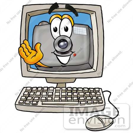 #23179 Clip Art Graphic of a Flash Camera Cartoon Character Waving From Inside a Computer Screen by toons4biz