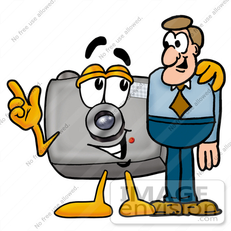 #23186 Clip Art Graphic of a Flash Camera Cartoon Character Talking to a Business Man by toons4biz
