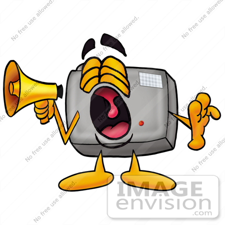 #23188 Clip Art Graphic of a Flash Camera Cartoon Character Screaming Into a Megaphone by toons4biz