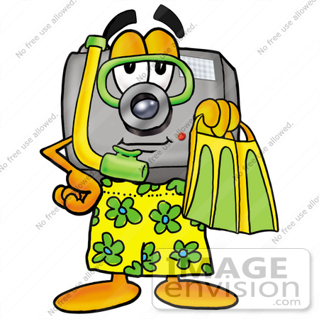 #23192 Clip Art Graphic of a Flash Camera Cartoon Character in Green and Yellow Snorkel Gear by toons4biz