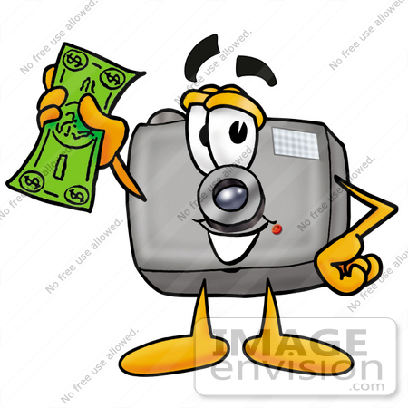 #23194 Clip Art Graphic of a Flash Camera Cartoon Character Holding a Dollar Bill by toons4biz