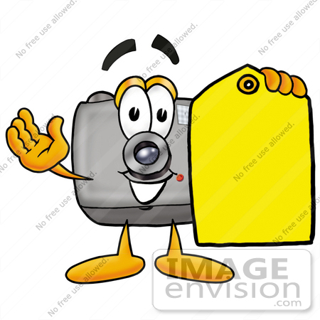 #23198 Clip Art Graphic of a Flash Camera Cartoon Character Holding a Yellow Sales Price Tag by toons4biz