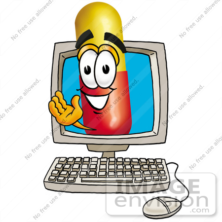 #23205 Clip Art Graphic of a Red and Yellow Pill Capsule Cartoon Character Waving From Inside a Computer Screen by toons4biz