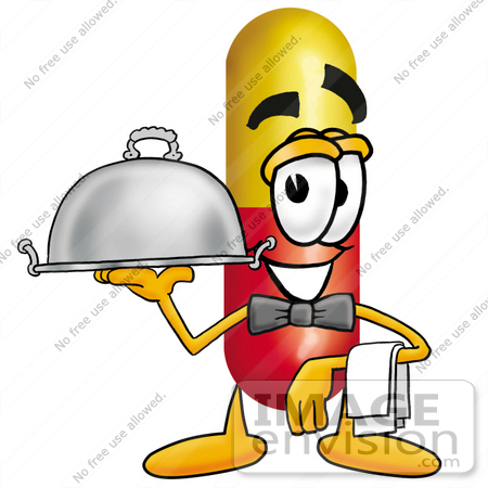 #23208 Clip Art Graphic of a Red and Yellow Pill Capsule Cartoon Character Dressed as a Waiter and Holding a Serving Platter by toons4biz