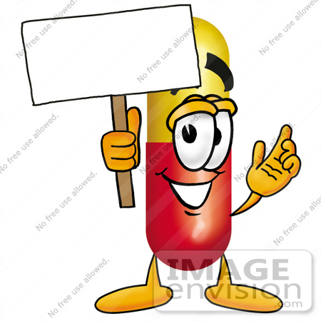 #23232 Clip Art Graphic of a Red and Yellow Pill Capsule Cartoon Character Holding a Blank Sign by toons4biz