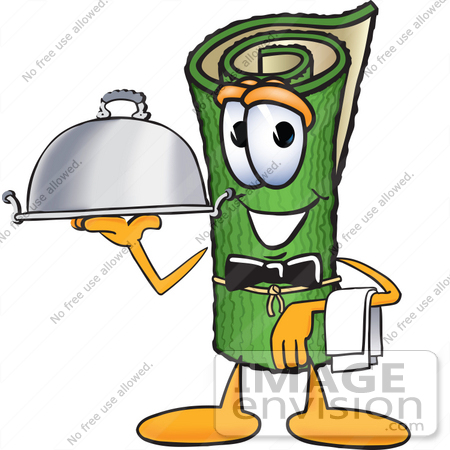 #23239 Clip Art Graphic of a Rolled Green Carpet Cartoon Character Dressed as a Waiter and Holding a Serving Platter by toons4biz