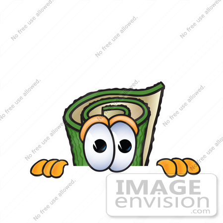 #23241 Clip Art Graphic of a Rolled Green Carpet Cartoon Character Peeking Over a Surface by toons4biz