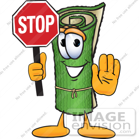 #23245 Clip Art Graphic of a Rolled Green Carpet Cartoon Character Holding a Stop Sign by toons4biz
