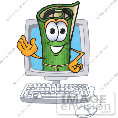 #23248 Clip Art Graphic of a Rolled Green Carpet Cartoon Character Waving From Inside a Computer Screen by toons4biz