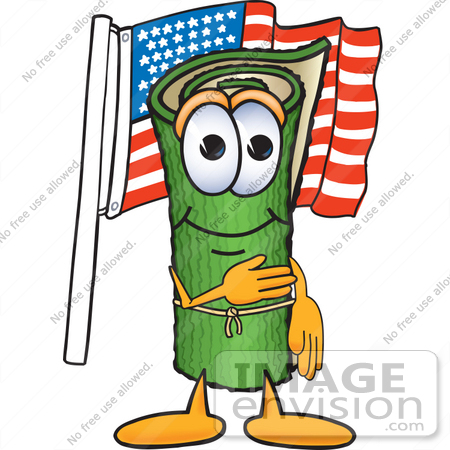 #23249 Clip Art Graphic of a Rolled Green Carpet Cartoon Character Pledging Allegiance to an American Flag by toons4biz