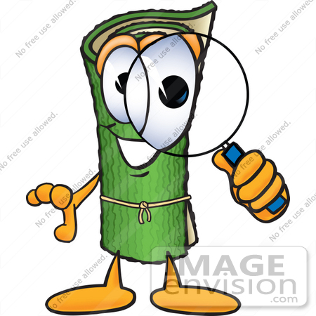 #23251 Clip Art Graphic of a Rolled Green Carpet Cartoon Character Looking Through a Magnifying Glass by toons4biz