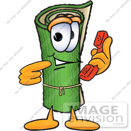 #23253 Clip Art Graphic of a Rolled Green Carpet Cartoon Character Holding a Telephone by toons4biz