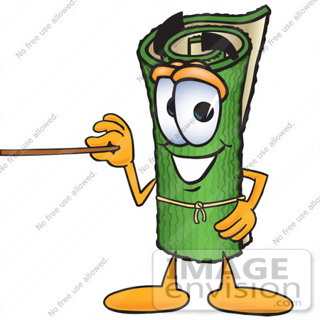 #23259 Clip Art Graphic of a Rolled Green Carpet Cartoon Character Holding a Pointer Stick by toons4biz