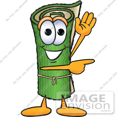 #23261 Clip Art Graphic of a Rolled Green Carpet Cartoon Character Waving and Pointing by toons4biz