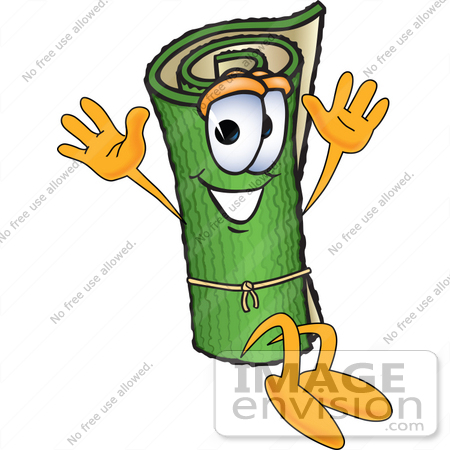 #23266 Clip Art Graphic of a Rolled Green Carpet Cartoon Character Jumping by toons4biz