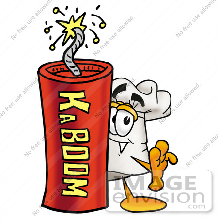 #23278 Clip Art Graphic of a White Chefs Hat Cartoon Character Standing With a Lit Stick of Dynamite by toons4biz