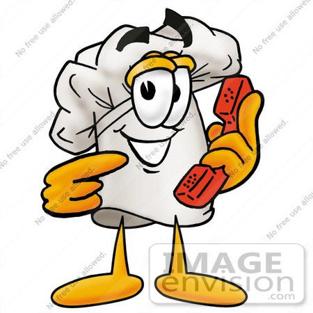 #23283 Clip Art Graphic of a White Chefs Hat Cartoon Character Holding a Telephone by toons4biz